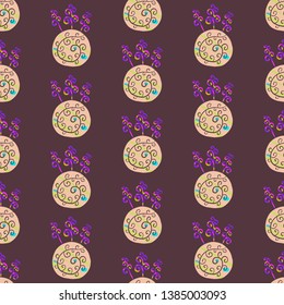 kokedama seamless hand drawn pattern. Ball of soil covered with moss. Traditional japanese decorative plant violet and beige colors