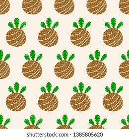 kokedama seamless hand drawn pattern. Ball of soil covered with moss. Traditional japanese decorative plant green and brow colors
