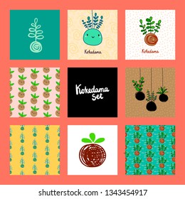 Kokedama set of eight illustrations hand drawn in cartoon traditional style minimalism and graphic design