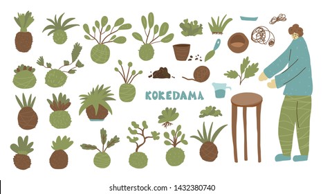 Kokedama set. Green plant collection with moss, tools, equipment, person and text. Vector illustration.