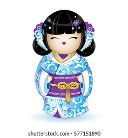 muñeca nacional japonesa Kokesh en un kimono azul con ondas de mar estilizadas, pájaros y patrones de flores. Correa dorada con un nudo tradicional.Vector. Un personaje al estilo de una caricatura. Aislado.