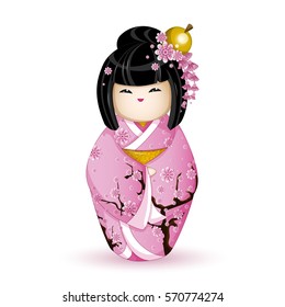Kokesh Japanese national doll in a pink kimono patterned with cherry blossoms. Vector illustration on white background. A character in a cartoon style. Isolated.