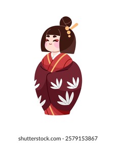 Kokeshi, Asian figurine of girl in kimono. Icon of Japanese statuette of woman in traditional oriental dress. Cute doll of geisha in Japan, Asia. Flat isolated vector illustration on white background