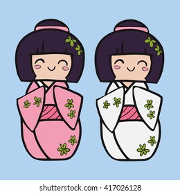 Kokeshi cartoon doll in kimono. Japanese traditional toy. 