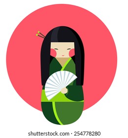 Kokeshi doll with fan flat style illustration 