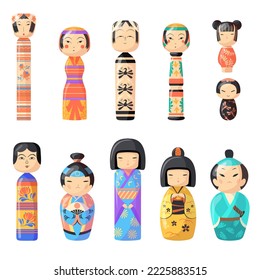 muñeca Kokeshi. Mascota de muñecas japonesas en kimono, caricatura tradicional japonesa de juguete kawaii chica china linda cara adorable marihuana souvenir juguetes de niñas asiáticas, puesta clara ilustración vectorial de la mascota kokeshi