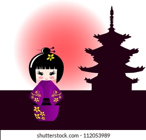 Kokeshi doll and japanese temple