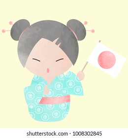 Kokeshi doll with japan's flag in watercolor effect
