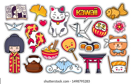 Kokeshi doll, maneki-neko, carps, origami, fuji, sushi, manga, ginko leaf, taiyaki fish. Set of cartoon stickers, patches, badges, pins, prints. Vector illustrations.
