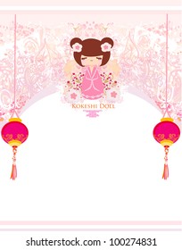 Kokeshi doll on the pink background with floral ornament