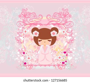  Kokeshi doll on the pink background with floral ornament