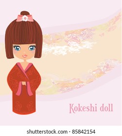 Kokeshi doll on the pink background with floral ornament