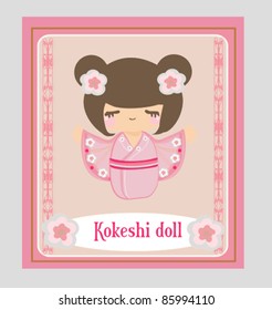 Kokeshi doll on the pink background with floral ornament