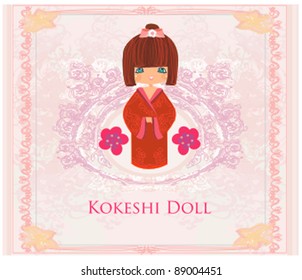 Kokeshi doll on the pink background with floral ornament