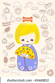 Kokeshi doll on the sweet background with pastry elements