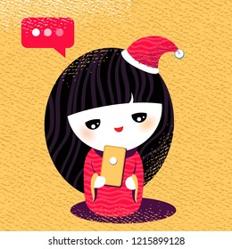 Kokeshi doll with smartphone. Christmas card.