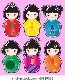 Kokeshi doll stickers in various designs on pink background. EPS10 in vector format.