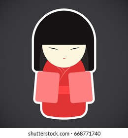 Kokeshi doll vector flat icon, Flat design of kawaii Japanese girl sticker isolated on the dark background, cute vector illustration