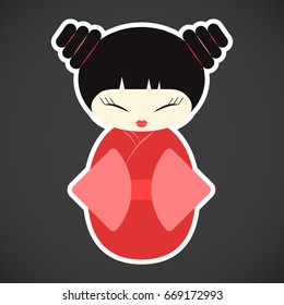 Kokeshi doll vector flat icon, Flat design of kawaii Japanese girl sticker isolated on the dark background, cute vector illustration