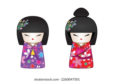 Kokeshi doll wooden Japanese traditional doll with 2 cute girls or lady dress in flower pattern kimono drawing in cartoon vector