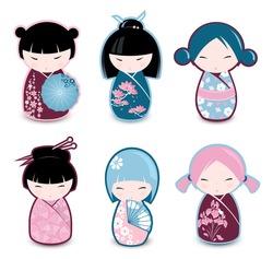 Kokeshi Dolls. Japanese Traditional Dolls. Vector Illustration