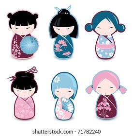 Kokeshi Dolls. Japanese Traditional Dolls. Vector Illustration