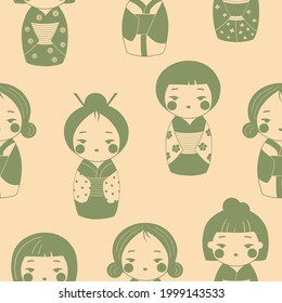 Kokeshi dolls seamless pattern. Japanese dolls endless background for paper, wrapping, fabric, textile, decoration. Kokeshi dolls from japan seamless print pattern for souvenirs and gifts. Vector.