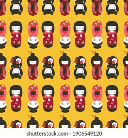 Kokeshi muestra perfectamente el patrón vectorial. Diseño de la textura de recuerdo de la cultura japonesa. Símbolo asiático, juguete con fondo de ropa kimono. 