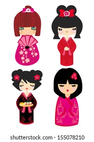 Kokeshi dolls in various designs isolated on white.