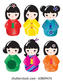 Kokeshi dolls in various designs isolated on white. EPS10 vector format