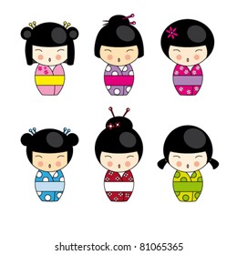 Kokeshi dolls in various designs isolated on white. EPS10 vector format