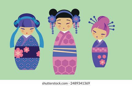 Kokeshi dolls. Vector illustration of japanese traditional dolls. Concept Holiday Shichi-Go-San or  'seven-five-three'