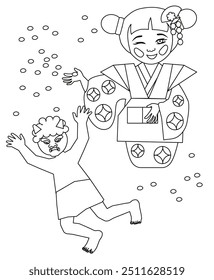 Kokeshi girl throwing beans at a demon on Setsubun. Vector coloring page "Festivals of Japan"