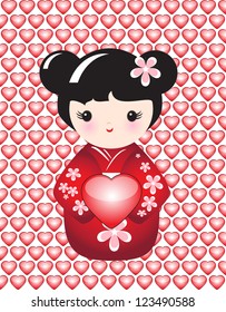 Kokeshi sosteniendo un brillante corazón contra el fondo de brillantes corazones. Formato vectorial EPS10