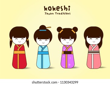 Kokeshi, Traditional Japanese dolls and National clothes set. Vector illustration for your design, character or animation, eps10.