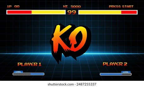 Ko,knockout retro game on blue arcade background .pixel art .8 bit game.arcade screen.retro game. for game assets in vector illustrations.