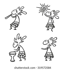 Kokopelli - fertility deity, ethnic collection. Vector hand drawn sketch set