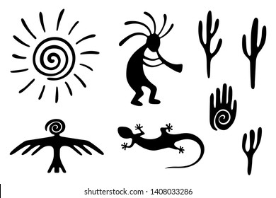 Kokopelli fertility deity, hand with a spiral symbol on the palm, eagle or raven bird,  lizard, sun and cacti. Kokopelli with flute on white. Set of Native Americans ethnic black tattoo aztec symbols.