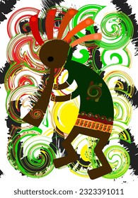 Kokopelli fertility deity vector illustration Design Green Yellow Orange Player Sri Lanka Ceylo Photography