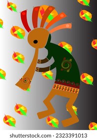 Kokopelli fertility deity vector illustration Design Green Yellow Orange Player Sri Lanka Ceylo Photography