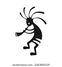 Kokopelli fertility deity vector illustration. Tribal black aztec symbol tattoo. Black Kokopelli with flute isolated on white.