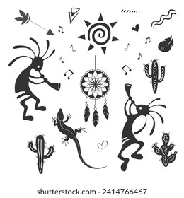 Kokopelli fertility deity vector illustration. Set of Indian symbols.