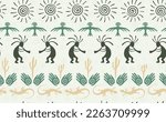 Kokopelli with flute, lizard, bird, spiral sun, hands and cactus ethnic vector seamless pattern. Anasazi fertility god motif. Kokopelli trance design. Native american folk pattern. Animals motif.