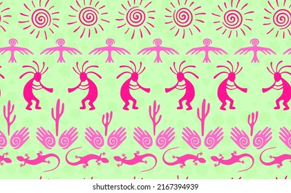 Kokopelli with flute, lizard, bird, spiral sun, hands and cactus ethnic vector seamless pattern. Pueblo fertility god motif. Kokopelli dancer design.  ethnic pattern. Nature motif.