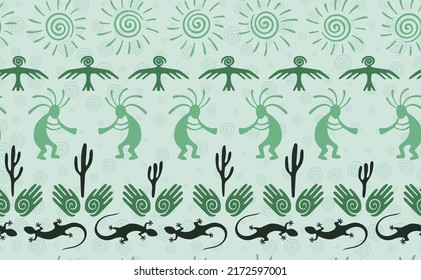 Kokopelli with flute, lizard, bird, spiral sun, hands and cactus ethnic vector seamless pattern. Aztec fertility god motif. Kokopelli dancer design. Native american folk pattern. Animals motif.