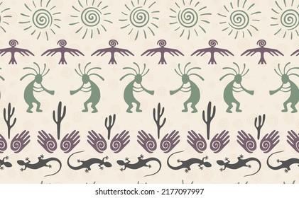 Kokopelli with flute, lizard, bird, spiral sun, hands and cactus ethnic vector seamless pattern. Anasazi fertility god motif. Kokopelli dancer design. Southwestern ethnic pattern. Nature motif.