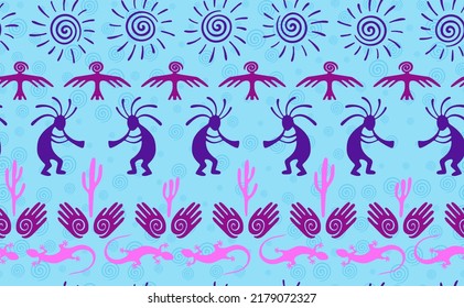 Kokopelli with flute, lizard, bird, spiral sun, hands and cactus ethnic vector seamless pattern. Anasazi fertility god motif. Kokopelli playing design. Native american folk pattern. Nature motif.