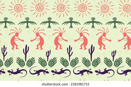 Kokopelli with flute, lizard, bird, spiral sun, hands and cactus ethnic vector seamless pattern. Indian fertility god motif. Kokopelli sorcerer design. Aboriginal ethnic pattern. Animals motif.