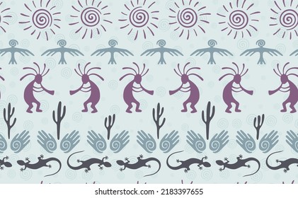 Kokopelli with flute, lizard, bird, spiral sun, hands and cactus ethnic vector seamless pattern. Aztec fertility god motif. Kokopelli trance design. Native american folk pattern. Nature motif.
