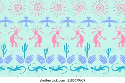 Kokopelli with flute, lizard, bird, spiral sun, hands and cactus ethnic vector seamless pattern. Pueblo fertility god motif. Kokopelli trickster design. Native american folk pattern. Animals motif.